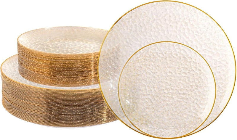 Lullaby 100PCS Clear Plastic Plates with Gold Rim, Includes 50pcs Dinner Plate 10â€ and 50pcs Dessert Plate 7â€, Disposable Heavyduty Plates for Birthdays, Parties and Wedding - Image 1