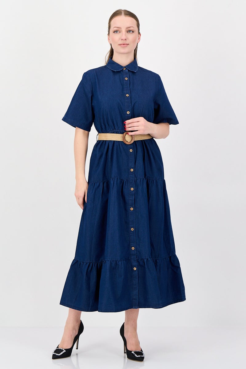 bebe Women Plain Midi Belted Midi Dress, Blue - Image 1