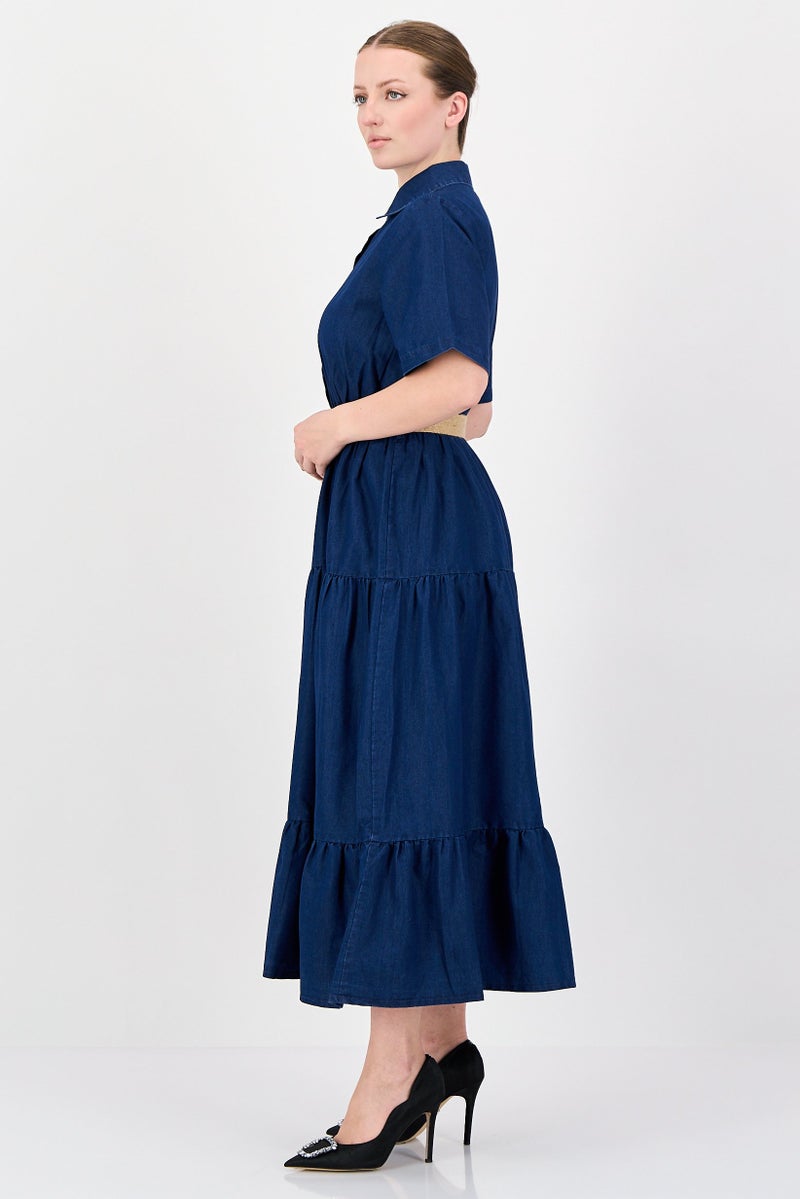 bebe Women Plain Midi Belted Midi Dress, Blue - Image 3