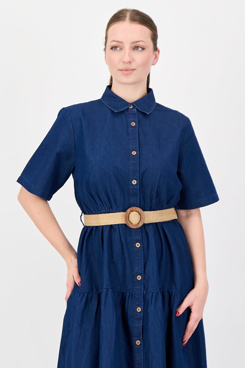 bebe Women Plain Midi Belted Midi Dress, Blue - Image 2