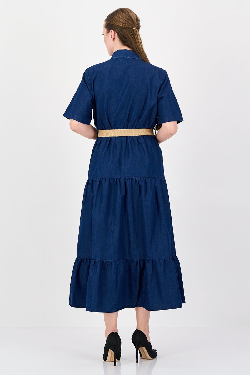 bebe Women Plain Midi Belted Midi Dress, Blue - Image 4