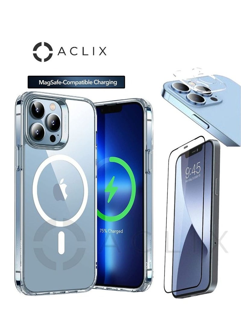 ACLIX 3in1 Shockproof Magsafe-Compatible Charging Case with 3D Tempered Glass Screen Protector & Camera Lens For iPhone 13 ProMax Clear