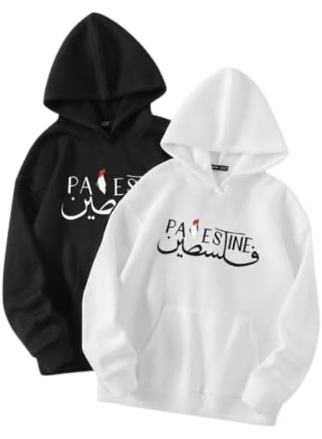 Unisex sports hoodie, cotton, white color, Palestine design, size XXL, long sleeves, suitable for fall and winter.