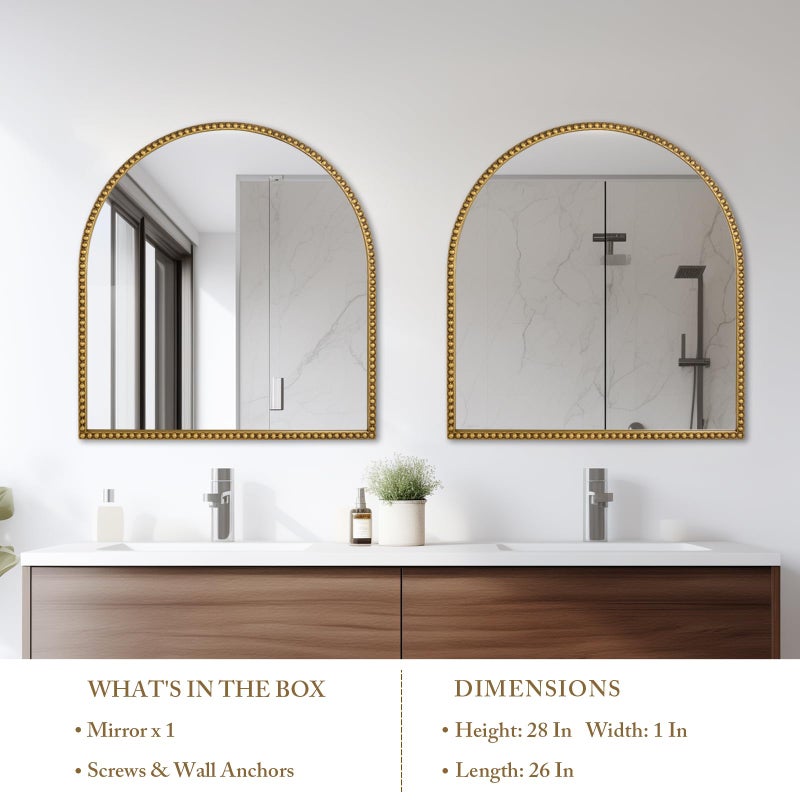 Fobule 28x26 Inch Arched Bathroom Mirror, Antique Gold Wall Mirror Metal Beaded Frame, Vanity Mirror for Dresser Living Room Bedroom Mantel Entryway Hallways - Image 5