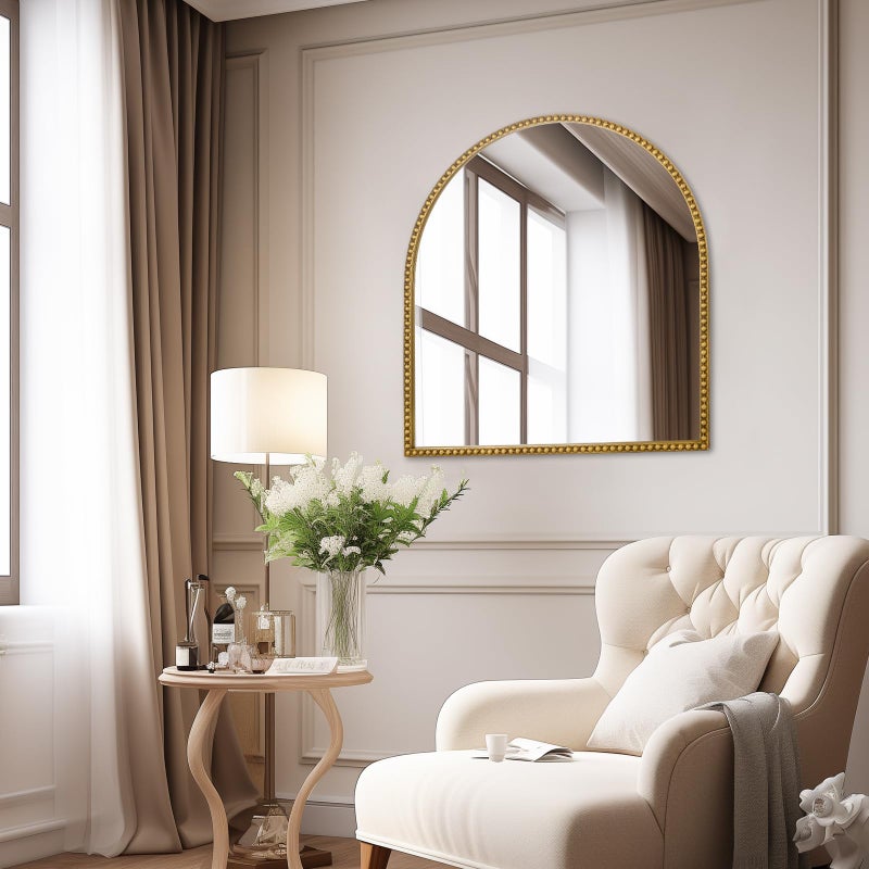 Fobule 28x26 Inch Arched Bathroom Mirror, Antique Gold Wall Mirror Metal Beaded Frame, Vanity Mirror for Dresser Living Room Bedroom Mantel Entryway Hallways - Image 2