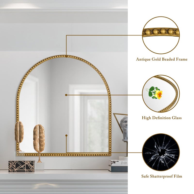 Fobule 28x26 Inch Arched Bathroom Mirror, Antique Gold Wall Mirror Metal Beaded Frame, Vanity Mirror for Dresser Living Room Bedroom Mantel Entryway Hallways - Image 3