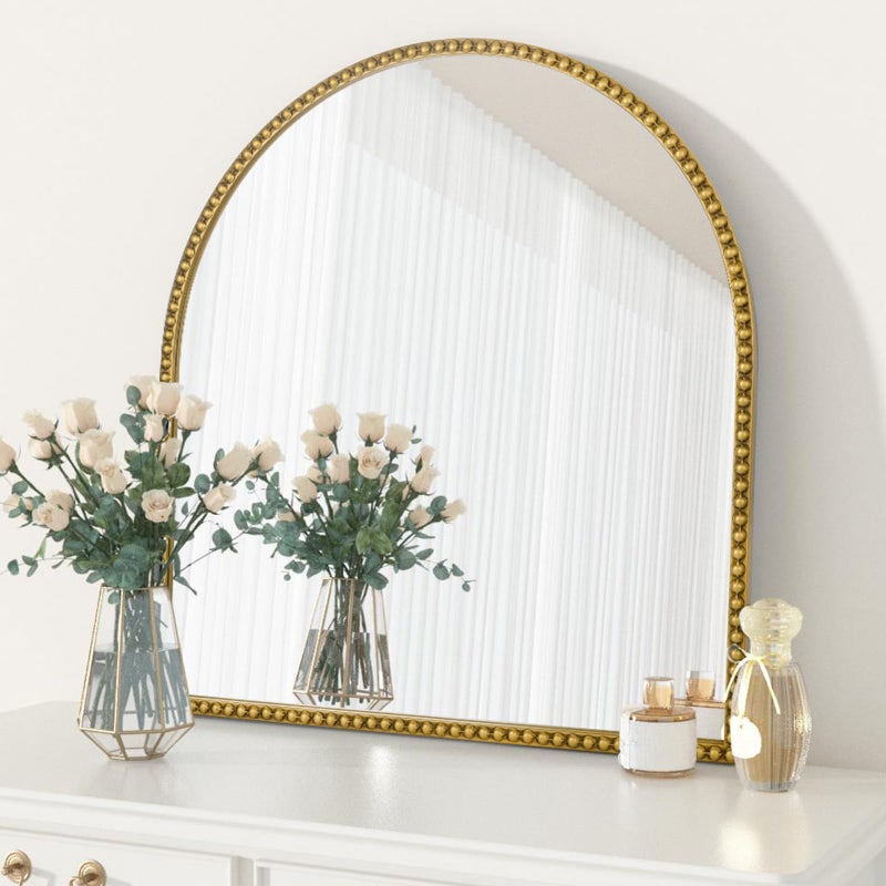 Fobule 28x26 Inch Arched Bathroom Mirror, Antique Gold Wall Mirror Metal Beaded Frame, Vanity Mirror for Dresser Living Room Bedroom Mantel Entryway Hallways - Image 4