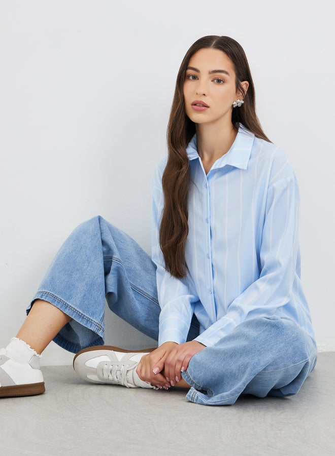 تايك تو قميص واسع بياقة ممتدة وخطوط مخططة - Image 1