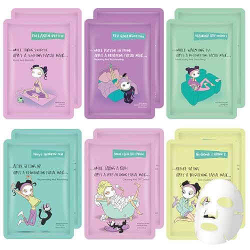 GUOYAOLIFU Face Masks Skincare Set for Girl,Moisturizing Collagen Facial Masks for Women Home Spa,Hyaluronic Acid Face Mask for All Skin Types,Day Night Facial Mask Hydrating,Deep Cleaning,Oil Contral(12Pack) - Image 1