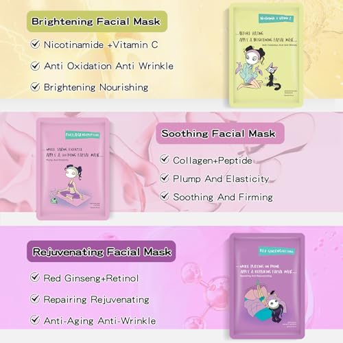 GUOYAOLIFU Face Masks Skincare Set for Girl,Moisturizing Collagen Facial Masks for Women Home Spa,Hyaluronic Acid Face Mask for All Skin Types,Day Night Facial Mask Hydrating,Deep Cleaning,Oil Contral(12Pack) - Image 2