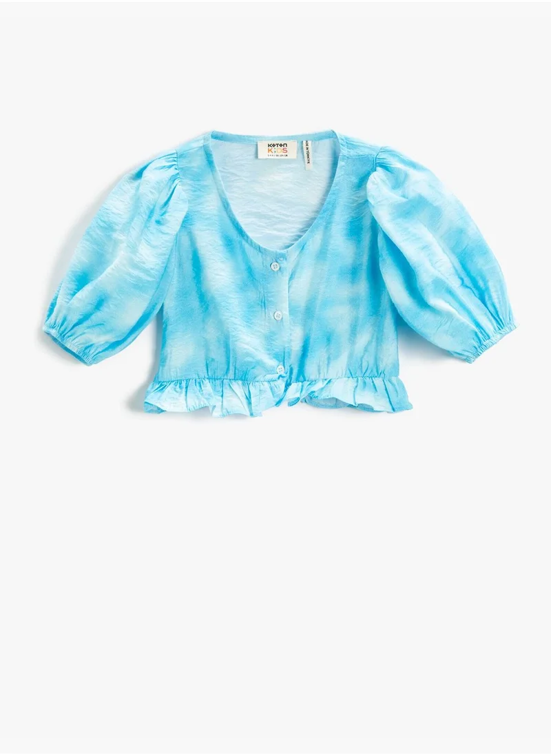 كوتون Crop Blouse Puff Sleeve Ruffle