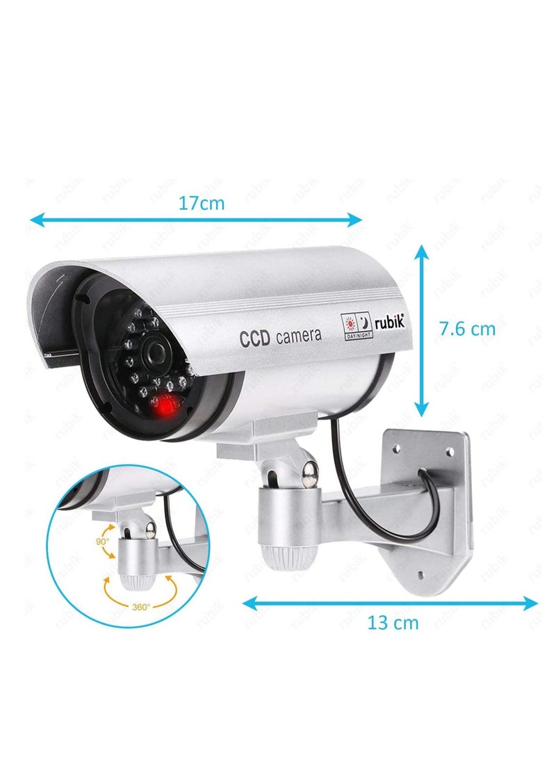 Dummy CCTV Security Camera with Flashing LED Light, Adjustable Fake Surveillance Simulation Camera Security Indoor/Outdoor Bullet Camera with LED Light (Silver)