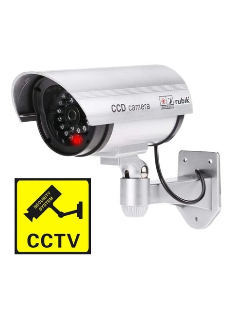 Dummy CCTV Security Camera with Flashing LED Light, Adjustable Fake Surveillance Simulation Camera Security Indoor/Outdoor Bullet Camera with LED Light (Silver)
