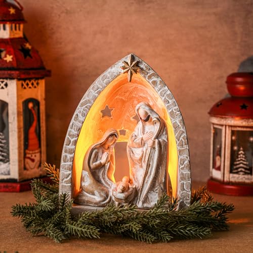 WILLBOND Christmas Multicolor Resin Nativity Scene with LED Tealight Candle Holder for Holiday Decoration