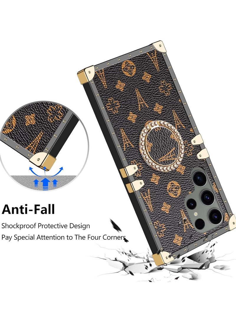 for Galaxy S23 Ultra Square Leather Case with Kickstand Ring Stand Holder Luxury Retro Case for Women Girls Metal Edges Shockproof Protective Cover for Samsung Galaxy S23 Ultra 6.8 inch Brown - Image 3