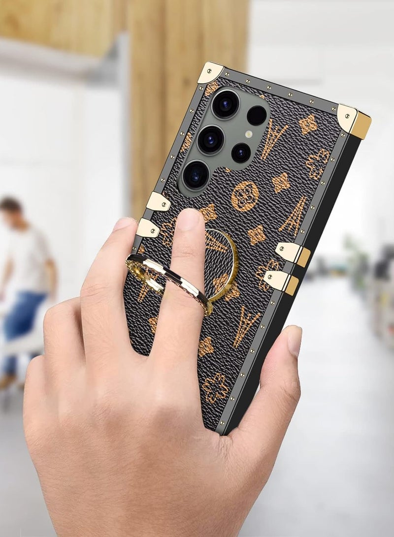 for Galaxy S23 Ultra Square Leather Case with Kickstand Ring Stand Holder Luxury Retro Case for Women Girls Metal Edges Shockproof Protective Cover for Samsung Galaxy S23 Ultra 6.8 inch Brown - Image 5