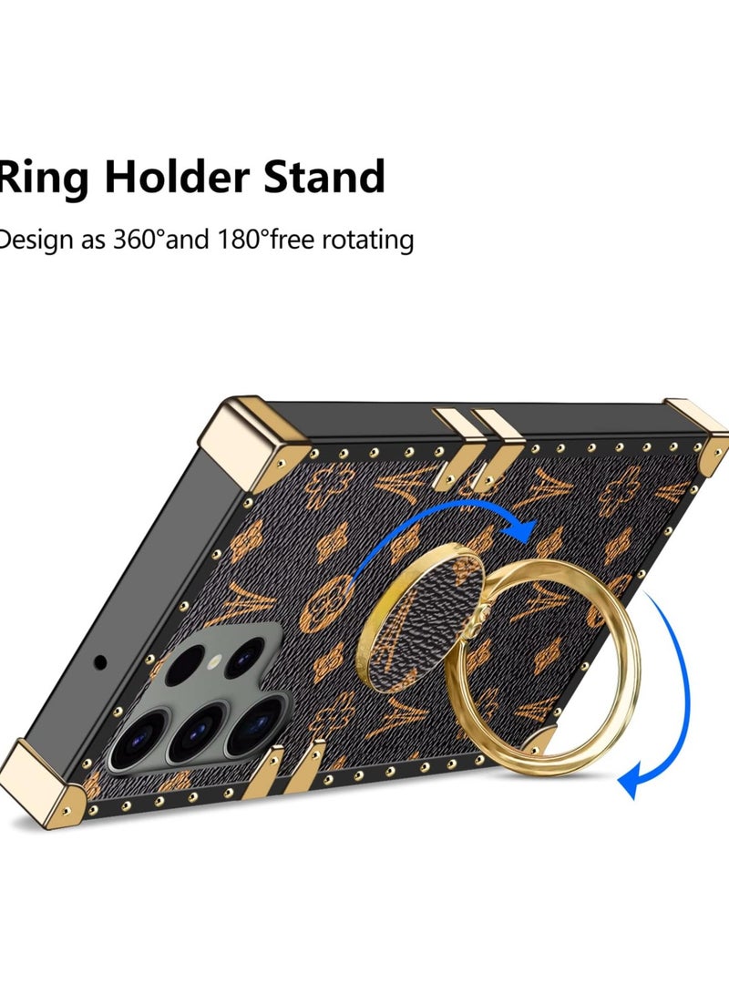 for Galaxy S23 Ultra Square Leather Case with Kickstand Ring Stand Holder Luxury Retro Case for Women Girls Metal Edges Shockproof Protective Cover for Samsung Galaxy S23 Ultra 6.8 inch Brown - Image 4