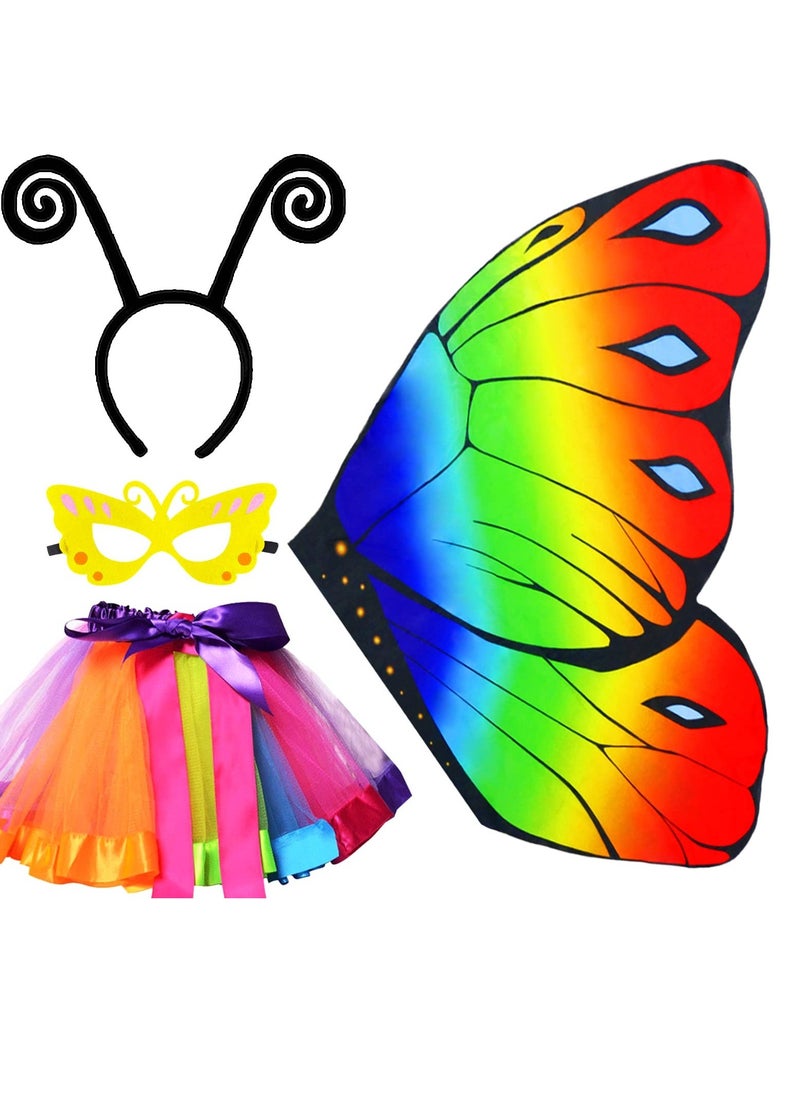 KASTWAVE - 4 Pack Kids Butterfly Wings Costume, Fairy Wings Shawl,  Rainbow Tutu Dress for Girls, Antenna Mask and Rainbow Tutu, Child Party-Favors Toys Gifts4 Pack Kids Butterfly Wings Costume, Fairy Wings Shaw - Image 1