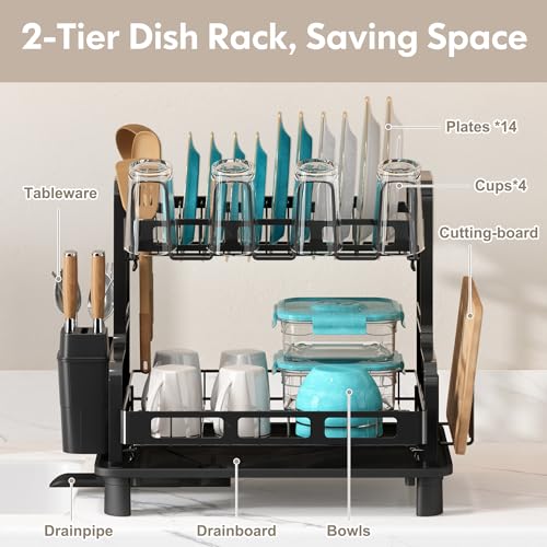 BOOSINY Dish Drying Rack 2 Tier Large Stainless Steel Black Dish Rack with Drainboard Set for Kitchen Counter Space Saving Plates Drainer Rack with Cups Holder Utensil Holder Dish Strainer Holder - Image 3