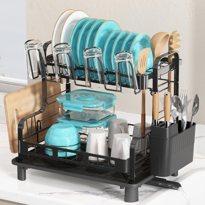 BOOSINY Dish Drying Rack 2 Tier Large Stainless Steel Black Dish Rack with Drainboard Set for Kitchen Counter Space Saving Plates Drainer Rack with Cups Holder Utensil Holder Dish Strainer Holder - Image 2