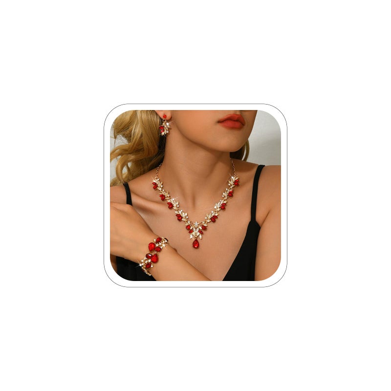 ANGLEQUEEN Red Prom Jewelry Wedding Shine Brightly Prom Costume Brides Necklace Earring Bracelet Set Bridesmaid Dainty Rhinestone Jewelry Party Accessorie (A-Red) - Image 1