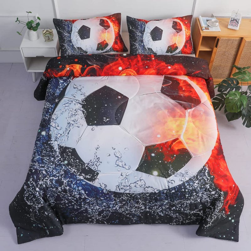 Roscloud Sports Soccer Ball Comforter Sets Twin Size Bed Set 2PC Ice Flame Galaxy Soccer Boys Quilt Bedspread Bedding SetComforter x 1 Pillowcases x 1