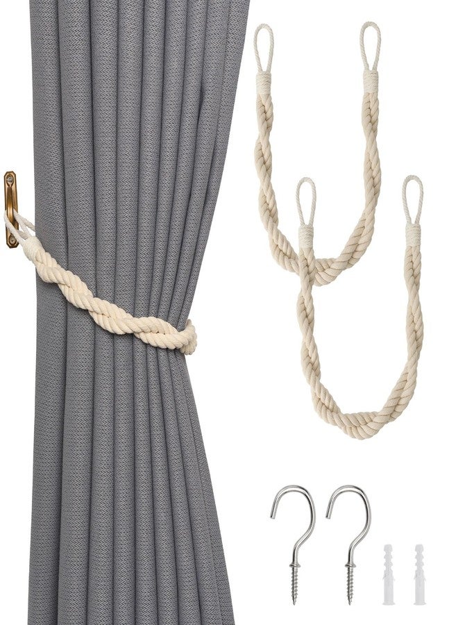 NICEEC 2 Pack Natural Cotton Rope Curtain Tiebacks Elegant Boho Style Decor Drape Tie Backs Soft Hand-Woven Double Rope Curtain Holdbacks with Metal Hook for Home & Office Drapery (Beige) - Image 1
