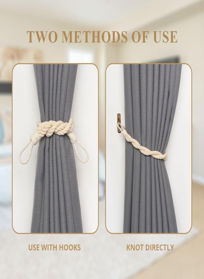 NICEEC 2 Pack Natural Cotton Rope Curtain Tiebacks Elegant Boho Style Decor Drape Tie Backs Soft Hand-Woven Double Rope Curtain Holdbacks with Metal Hook for Home & Office Drapery (Beige) - Image 4