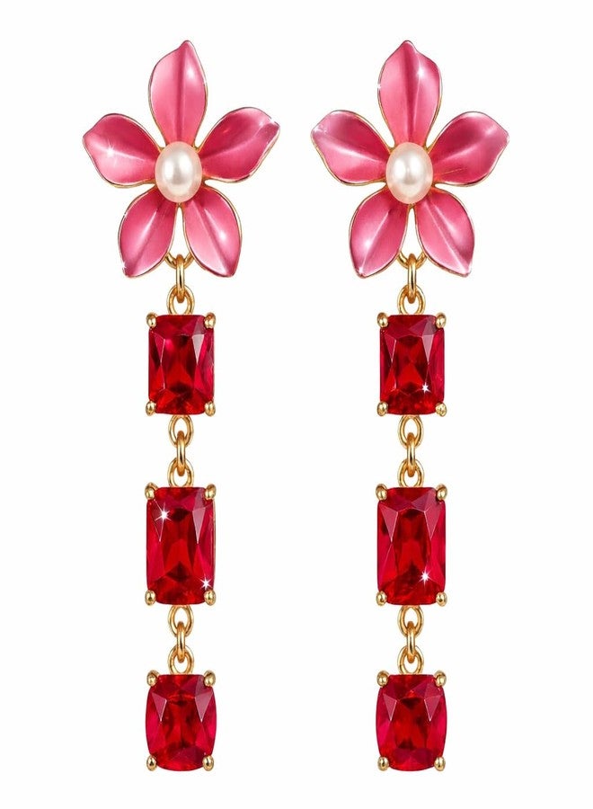 AMAAL Floral Pearl & Red Stone Drop Korean Earrings set for Women & Girls | Western AD American Diamond Long Ear rings for Wife | Jewellery for woman | Valentine Gift for Girlfriend couple 401 - Image 1