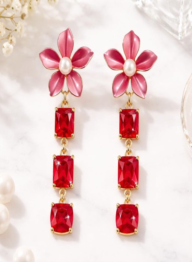 AMAAL Floral Pearl & Red Stone Drop Korean Earrings set for Women & Girls | Western AD American Diamond Long Ear rings for Wife | Jewellery for woman | Valentine Gift for Girlfriend couple 401 - Image 4