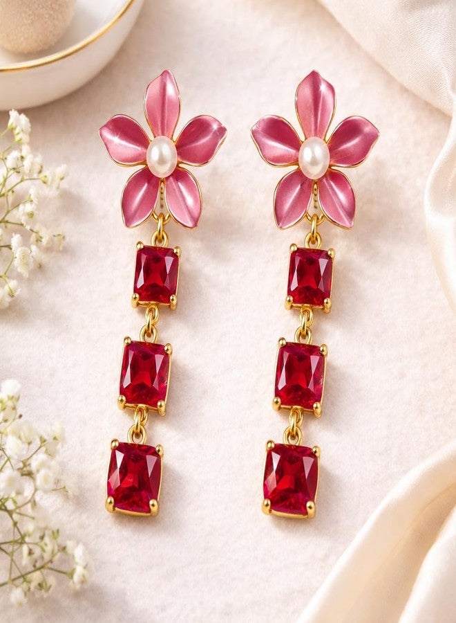 AMAAL Floral Pearl & Red Stone Drop Korean Earrings set for Women & Girls | Western AD American Diamond Long Ear rings for Wife | Jewellery for woman | Valentine Gift for Girlfriend couple 401 - Image 3