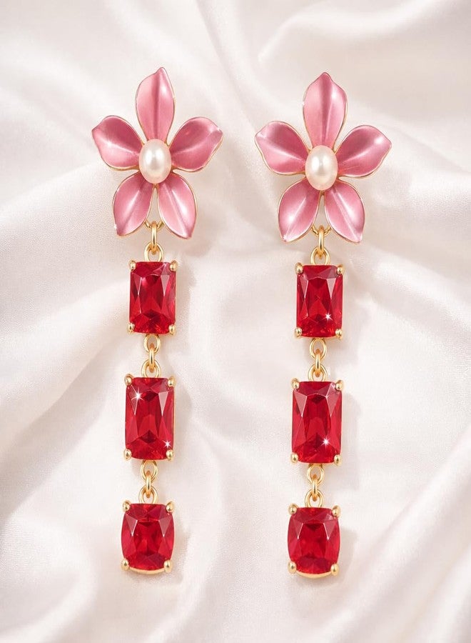 AMAAL Floral Pearl & Red Stone Drop Korean Earrings set for Women & Girls | Western AD American Diamond Long Ear rings for Wife | Jewellery for woman | Valentine Gift for Girlfriend couple 401 - Image 5