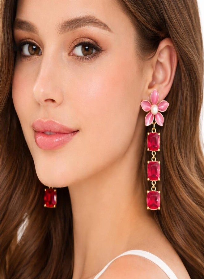 AMAAL Floral Pearl & Red Stone Drop Korean Earrings set for Women & Girls | Western AD American Diamond Long Ear rings for Wife | Jewellery for woman | Valentine Gift for Girlfriend couple 401 - Image 2