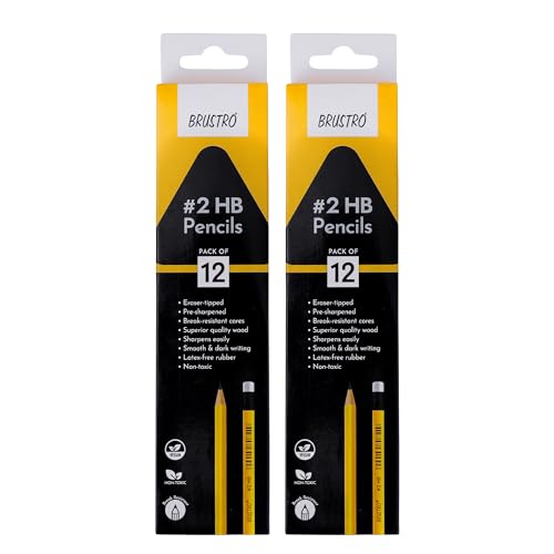BRUSTRO 2 HB Extra Dark Pencil with Eraser Tip| 12 Pencils X 2 Pack (Total 24 Pencils) | Strong Grip,Pre-Sharpened,Smooth Handwriting | Ideal for Drawing, Sketching, Mandala, School and Office use - Image 1