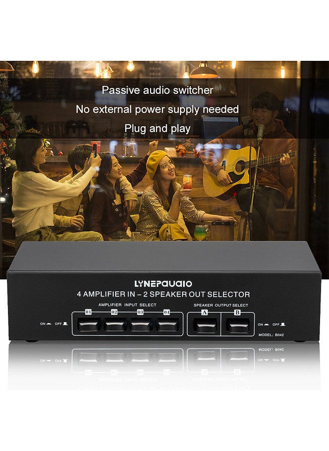 LYNEPAUAIO - 4 In 2 Out Audio Switcher Audio Signal Selector Distributor Splitter Box with Banana Jacks Independent Control Switch for Home Stereo System - Image 1