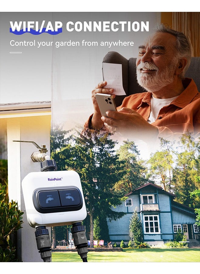 RAINPOINT - RAINPOINT WiFi Water Timer for Garden Hose - 6 Separate Plan, Watering by Gallon and Time, Irrigation & Mist Mode, Easy to Use - 2 Zone Smart Weather WiFi Sprinkler Timer for Lawn,& Yard Care - Image 1