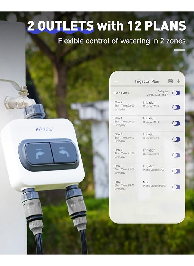 RAINPOINT - RAINPOINT WiFi Water Timer for Garden Hose - 6 Separate Plan, Watering by Gallon and Time, Irrigation & Mist Mode, Easy to Use - 2 Zone Smart Weather WiFi Sprinkler Timer for Lawn,& Yard Care - Image 1
