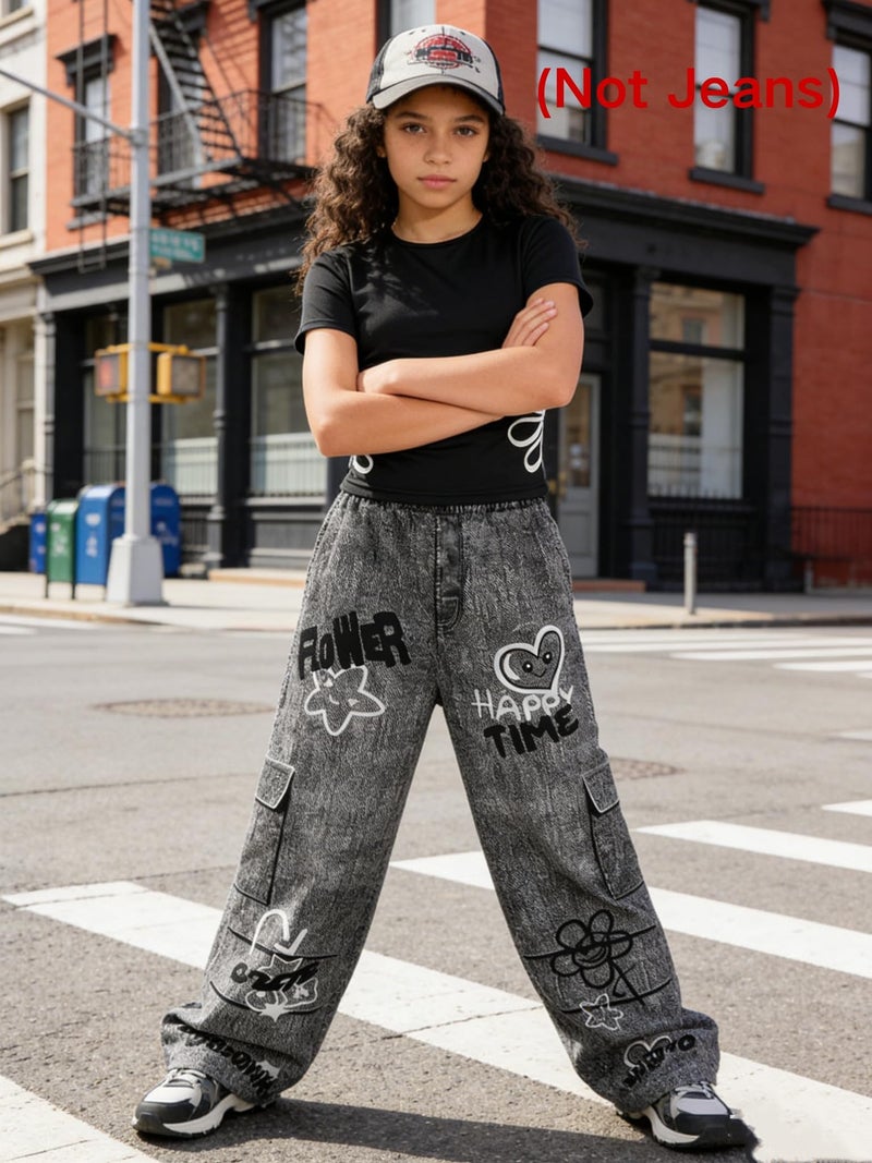 HSOXLQF Tween Girl Summer Clothes Floral Print Short Sleeve T-Shirt + Wide Leg Pants 2 Piece Outfits(Not Jeans) Size 13 14 - Image 2