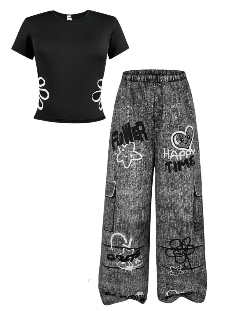 HSOXLQF Tween Girl Summer Clothes Floral Print Short Sleeve T-Shirt + Wide Leg Pants 2 Piece Outfits(Not Jeans) Size 13 14 - Image 1