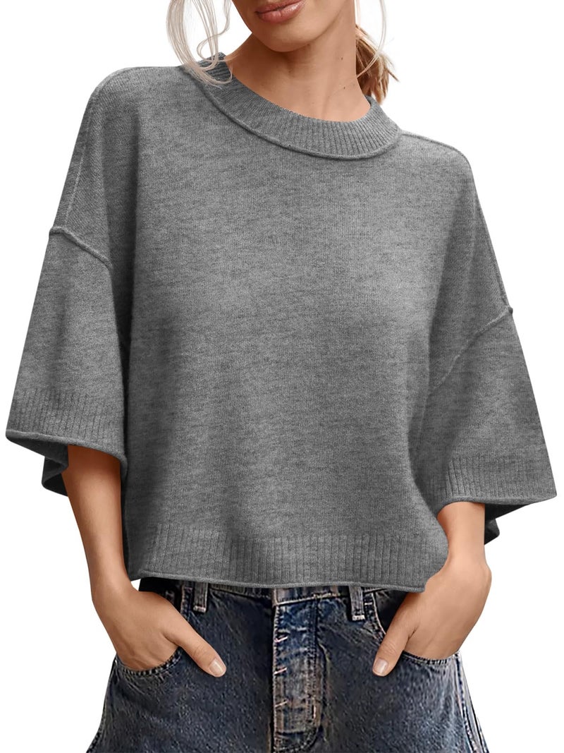 Saodimallsu Womens Short Sleeve Sweater Summer Oversized Cropped Sweaters Casual Crewneck Lightweight Knit Tops Dark Gray - Image 1