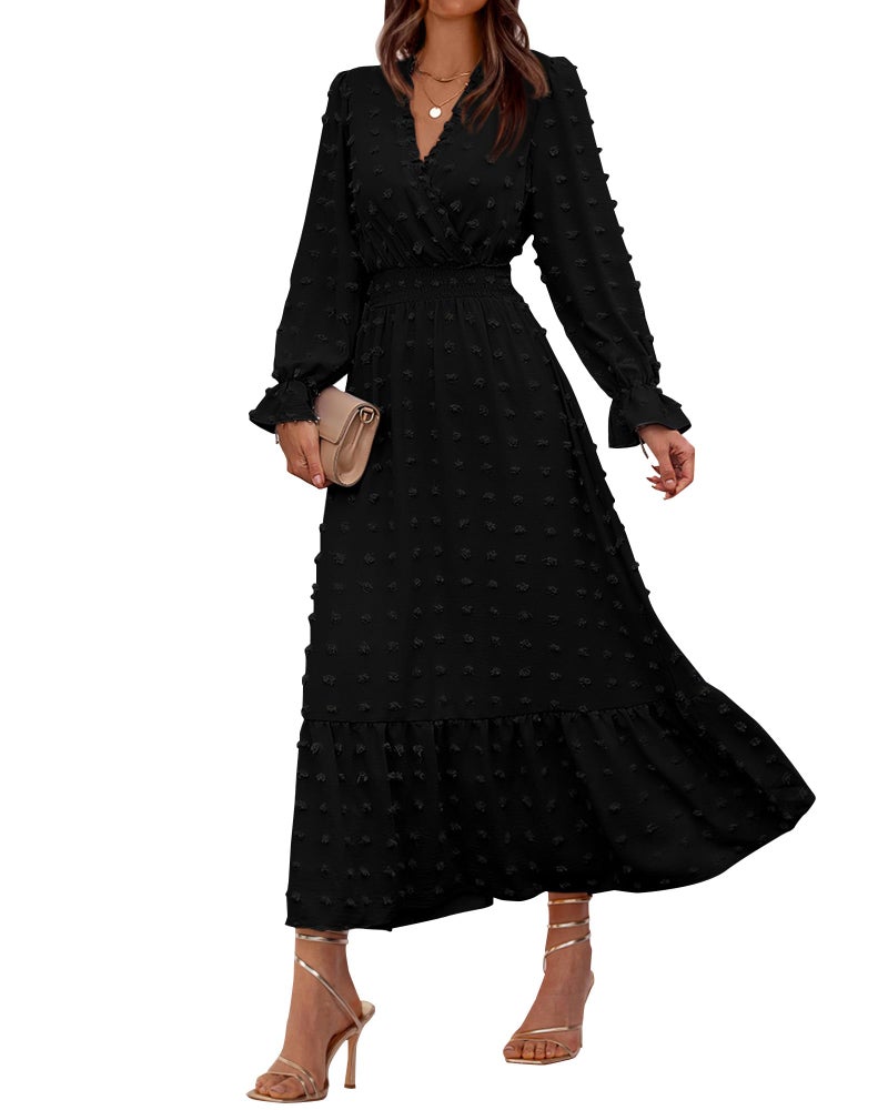 BTFBM Women Fall Maxi Dresses 2025 Long Sleeve V Neck Swiss Dots High Waisted ALine Ruffle Boho Long Dress VacationBlackLarge