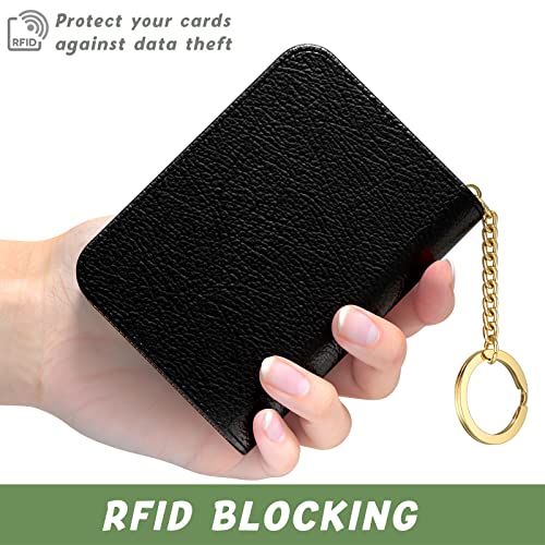 Aiawoxc Credit Card Holder for Women, Small RFID Wallet Slim Leather Business Card Organizer Case with Zipper and Keychain, Black - Image 4