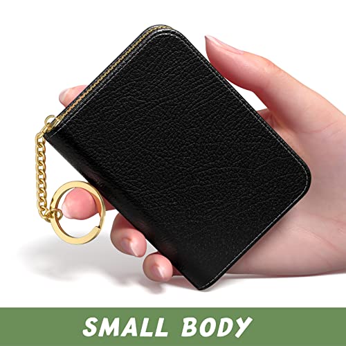 Aiawoxc Credit Card Holder for Women, Small RFID Wallet Slim Leather Business Card Organizer Case with Zipper and Keychain, Black - Image 2