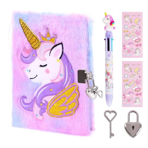 PrinBarBee Unicorn Diary with Lock for GirlsCute Plush Journal Notebook Set for Kid with StickersFluffy Secret Notebook for Writing and Drawing Gifts for Girls ages 68 - Image 1