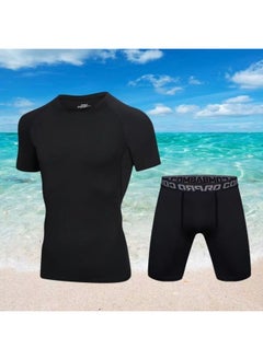 Body Swimsuit Men's Swimming Trunks Long Summer Quick-drying Sunscreen Long Sleeve Trousers Split Hot Spring Beach Surfing Snorkeling Factory-Color:❥☆#∝〃★Cx All Black Short Sleeves + Black Tight Shorts☆❥-Size:❥☆L 【 60-70kg 】☆❥