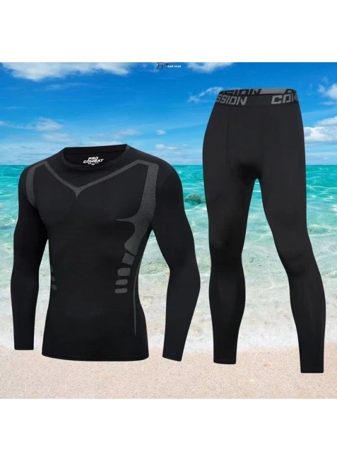 Generic - Body Swimsuit Men's Swimming Trunks Long Summer Quick-drying Sunscreen Long Sleeve Trousers Split Hot Spring Beach Surfing Snorkeling Factory-Color:❥☆#∝〃★Cx All Black Short Sleeves + Black Tight Shorts☆❥-Size:❥☆L 【 60-70kg 】☆❥ - Image 1