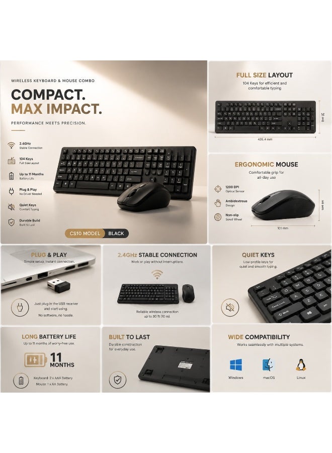 CS10 Wireless Keyboard and Mouse Combo 2.4GHz 104-Key Keyboard 1200 DPI Optical Mouse Plug and Play - Image 3