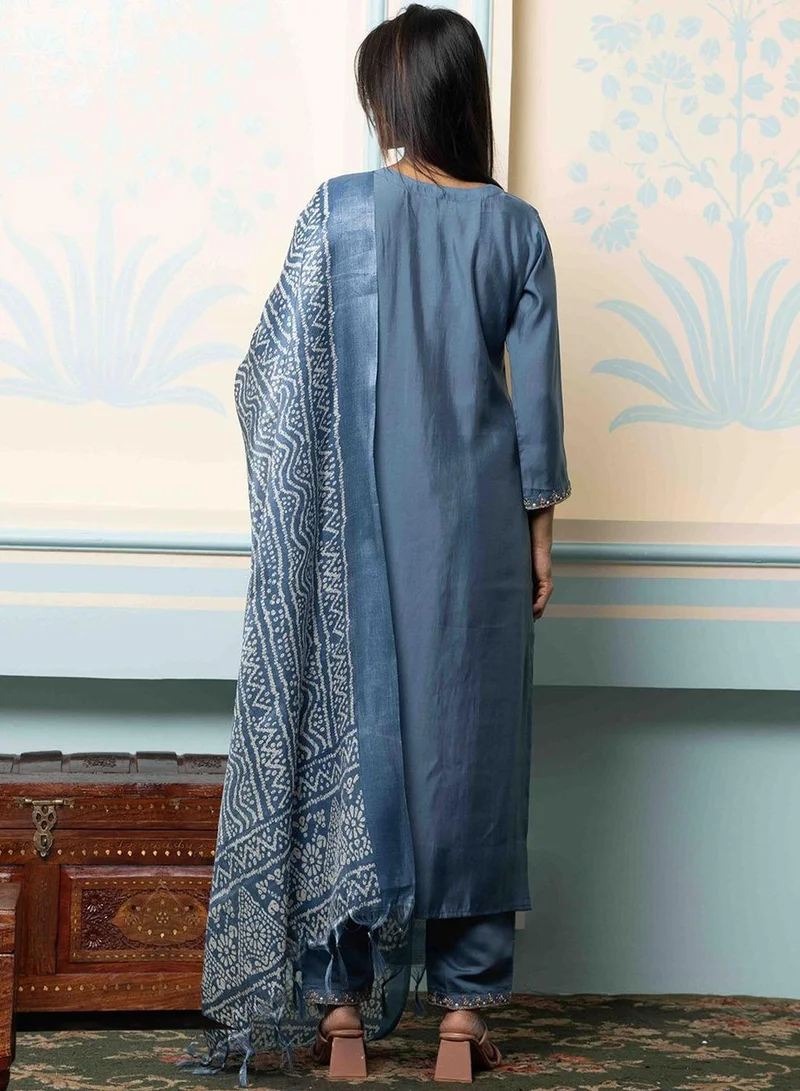 ISHIN Women's Grey Roman Silk Embellished Tunic Full Length Casual Straight Fit Kurta Set