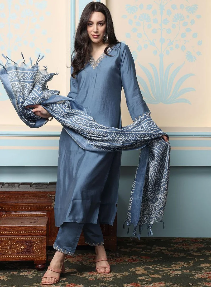ISHIN Women's Grey Roman Silk Embellished Tunic Full Length Casual Straight Fit Kurta Set