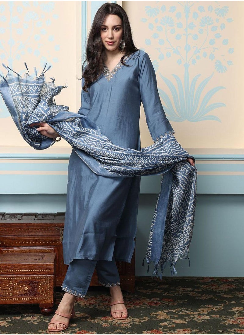 ISHIN Women's Grey Roman Silk Embellished Tunic Full Length Casual Straight Fit Kurta Set  - Image 5